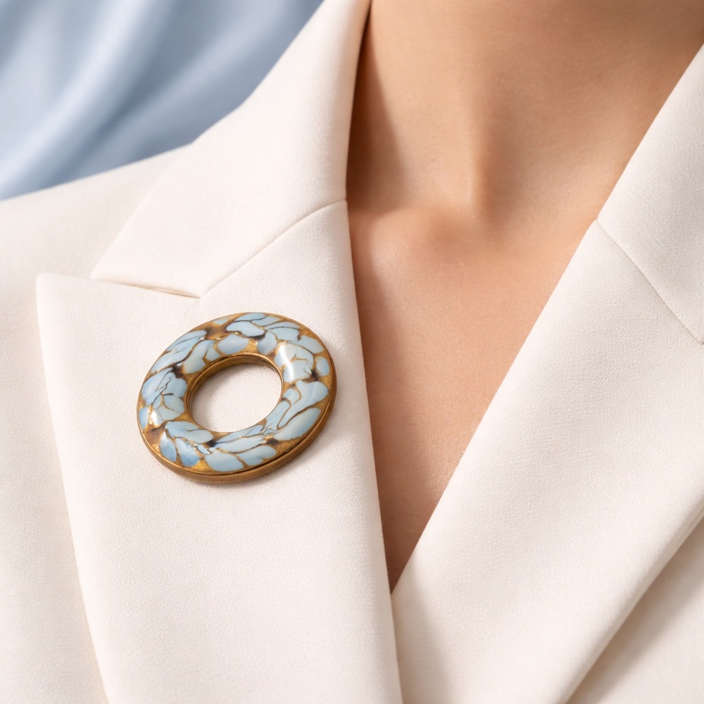 Vintage Mid Century HEB Canada Copper Blue Speckled Circle Pin Brooch